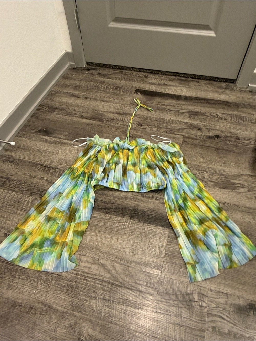 Zara Off-Shoulder Pleated Crop Top in Blue, Green & Yellow